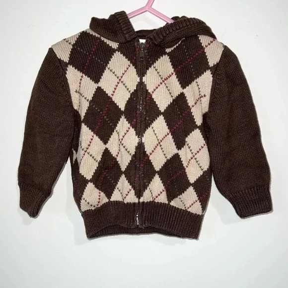Gymboree Brown Argyle Zip Up Sweater with Hoodie Infant Boys 6-12 months - Picture 1 of 9